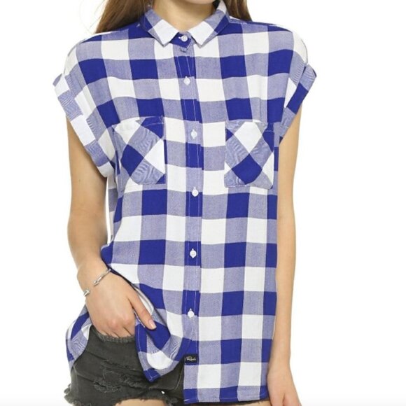 Rails Britt Short Roll Sleeve Button Down Shirt Blue / White Checkered**- M - Picture 1 of 13